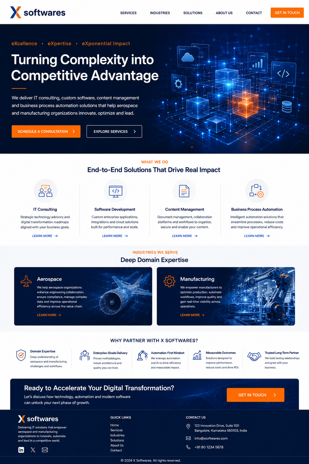 X Softwares professional one-page website for IT consulting, software development, content management, business process automation, aerospace and manufacturing.